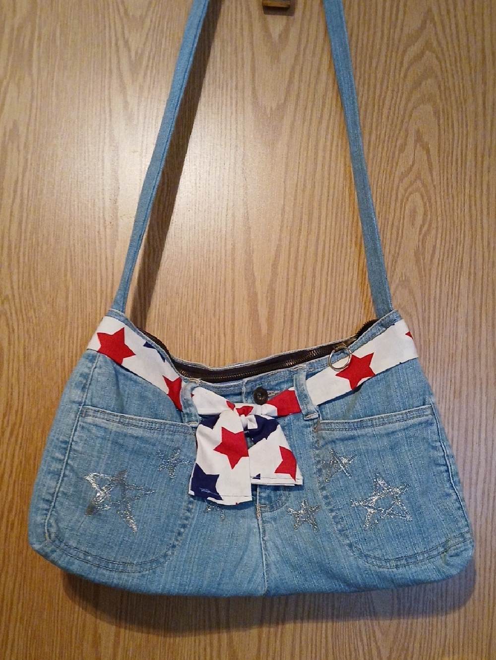 Denim Shoulder Bag with Red & Blue Star Scarf